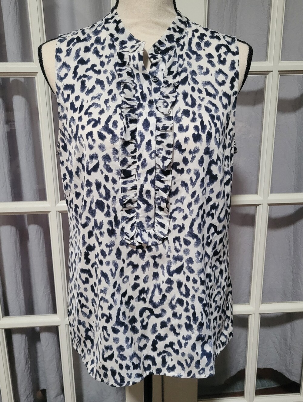 J. Crew Sleeveless Ruffled Leopard Print Top - White/Navy